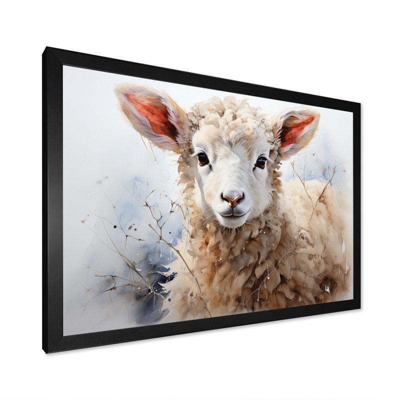 Mouton beige en hiver sur toile, H 30 po x l 40 po x P 1,5 po, Cadre photo noir