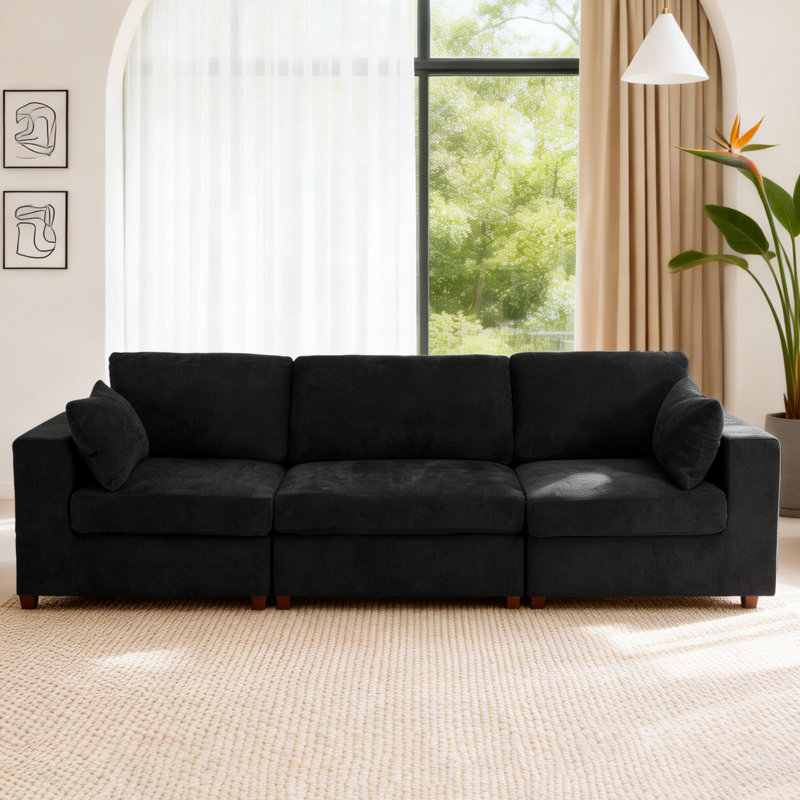 Canapé modulaire rembourré 3 pièces 3 pièces, Mélange de lin noir, H 26 po x l 113,3 po x P 37,8 po