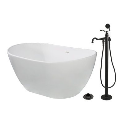 Kingston Brass Arcticstone 57-Inch Solid Surface Oval Double Slipper Freestanding Tub With Faucet Combo And Drain