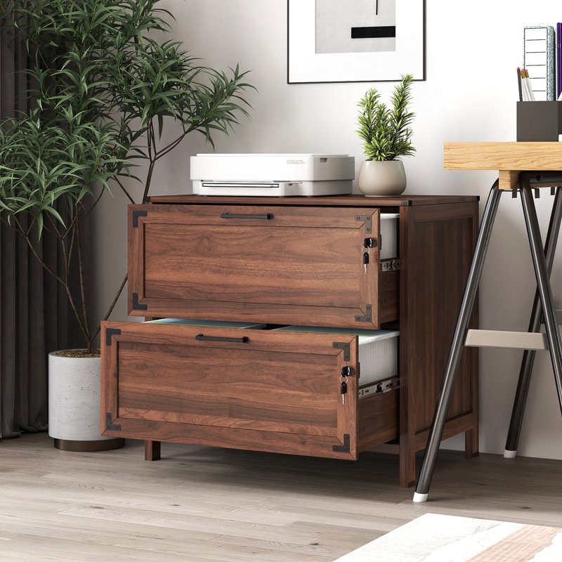 2 Drawer Farmhouse File Cabinet, Filing Cabinet With Lock, Walnut