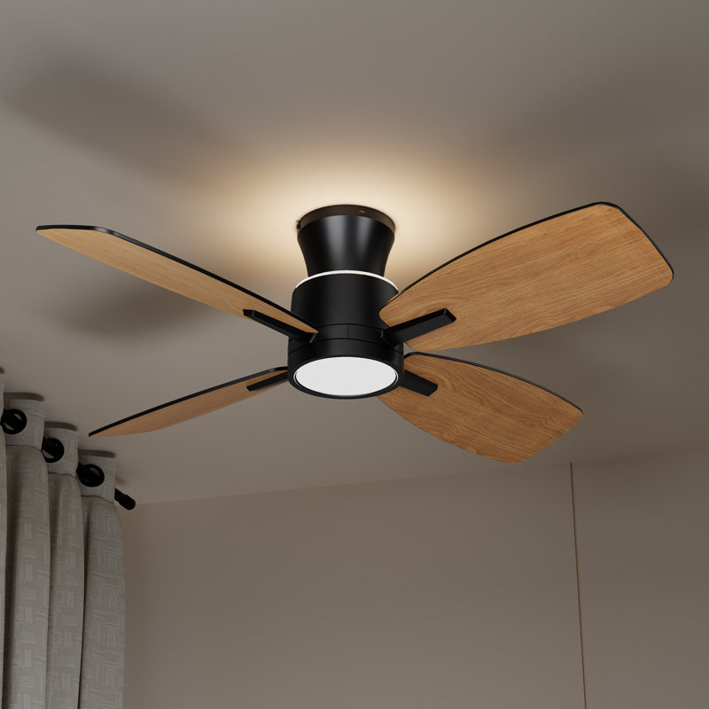 Ventilateur de plafond 42 pouces avec lumière et télécommande, Noir avec pales en bois naturel