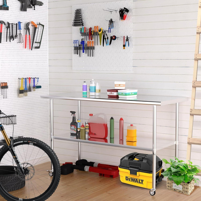Table de préparation en acier inoxydable 30 po x 60 po avec roulettes réglables sous la tablette, table en acier inoxydable pour cuisine commerciale, extérieur, restaurant, hôtel et garage