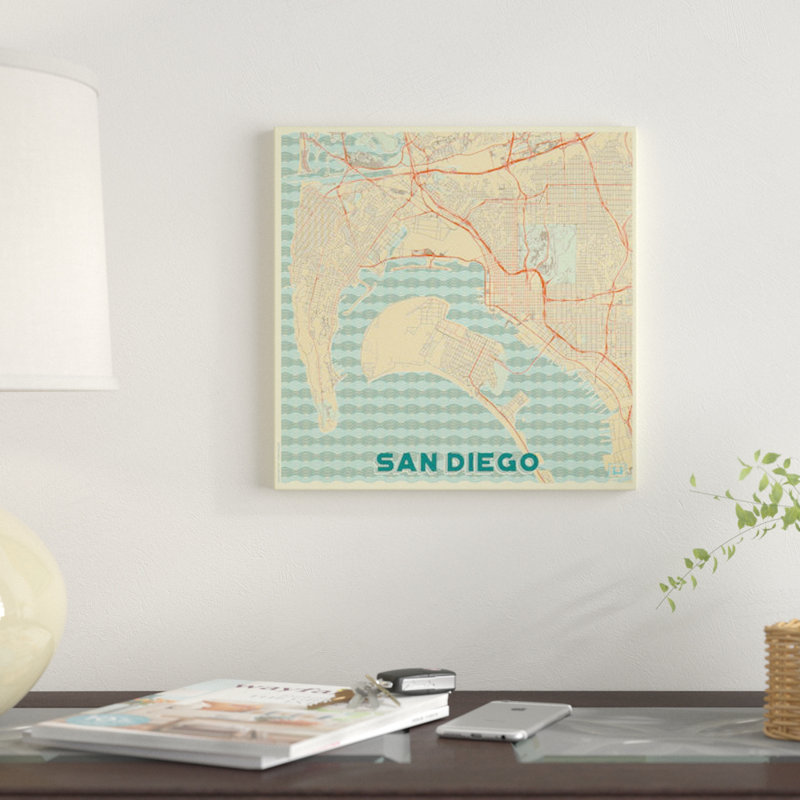 « san diego rétro urban blueprint map », reproduction d’impression sur toile, H 26 po x l 26 po x P 1,5 po, Toile tendue