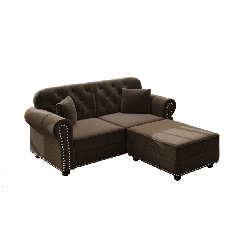 Canapé Mid-Century moderne en velours de 63 po avec garniture cloutée et causeuse Chesterfield moderne avec 2 coussins et repose-pieds