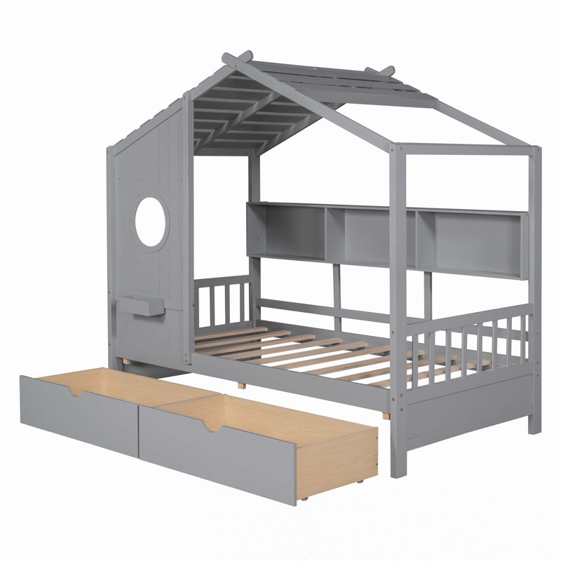 Wooden House Bed, Grey, Twin