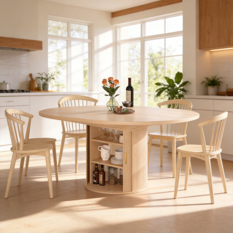 47-63" Extendable Round Dining Table for 4-8 People, Mid-Century Modern Kitchen Table with Storage Cabinet, Natural