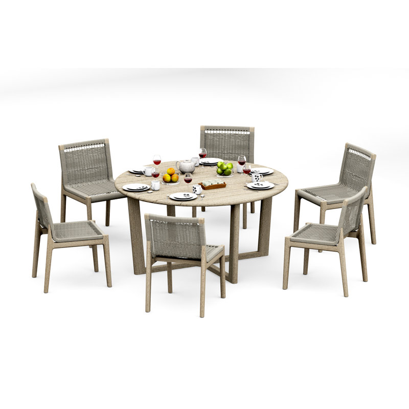 Ensemble de salle à manger 7 pièces en bois de teck vieilli de qualité A: table ronde 60 po et 6 chaises sans accoudoirs Sema # 11Se3500