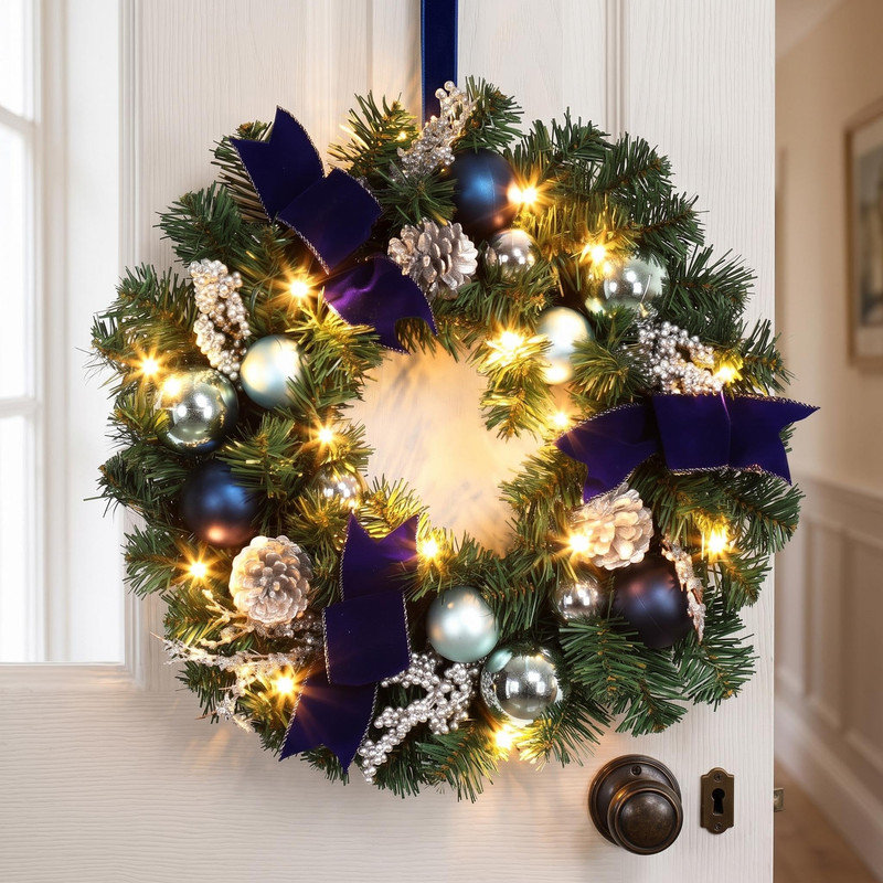 Couronne de Noël pré-illuminée de 45 cm avec 15 lumières DEL – Décor de porte d'hiver bleu et argent