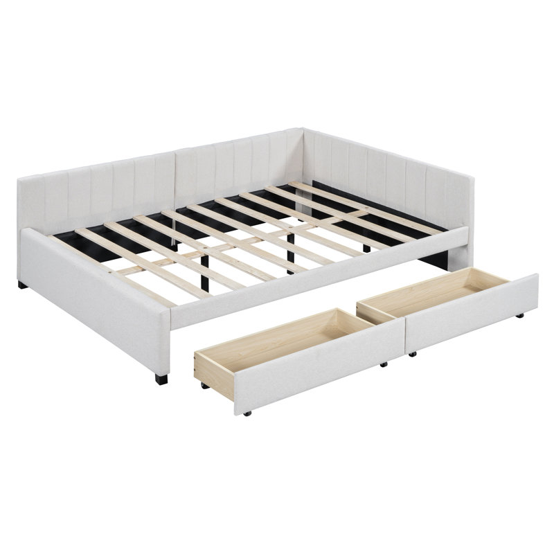 Full Size Upholstered Daybed with 2 Storage Drawers Sofa Bed Frame No Box Spring Needed, Linen Fabric (Beige)(OLD SKU:LP000172AAA

)