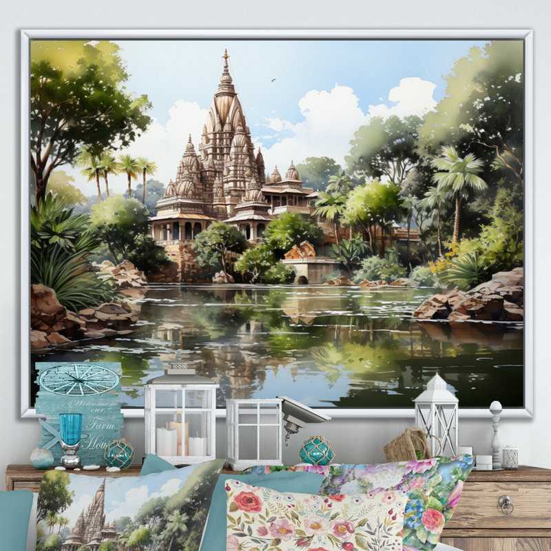 Temple indien d'art sérénité II, H 16 po x l 32 po x P 1 po, Cadre flottant blanc