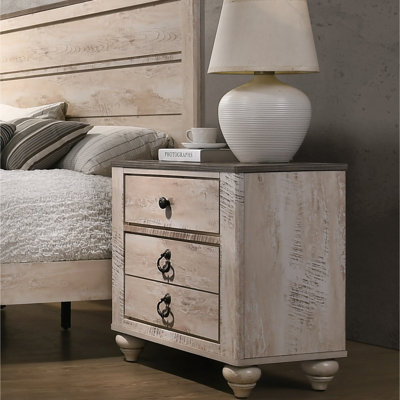 Table de chevet pour chambre à coucher avec 3 tiroirs, plateau en bois patiné brun antique, style rustique et glissières de tiroir lisses