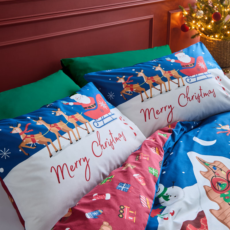 Christmas Santa's Workshop Reversible Duvet Cover Set, Double Duvet Cover + 2 Standard Pillowcases