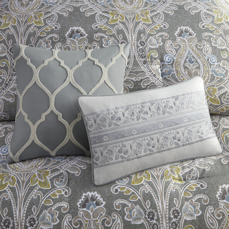 Elegant Grey Damask 5-Piece Cotton Duvet Cover Set