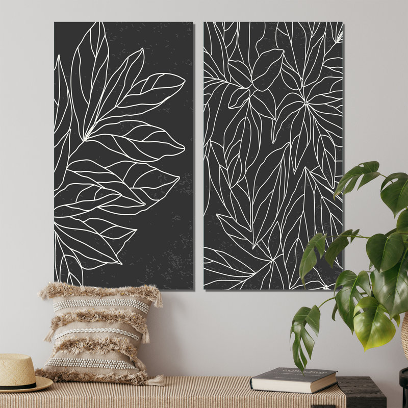 «Minimalist Botanical Line with Palm Leaves III», ensemble de 2 peintures, H 20 po x l 24 po x P 1 po, Toile tendue