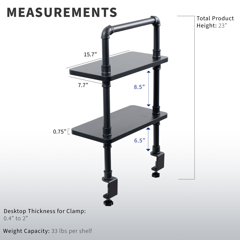 Vivo Clamp-On 2-Tier Decorative Industrial Pipe Shelves, Black, 26.5" H x 15.7" W x 7.7" D