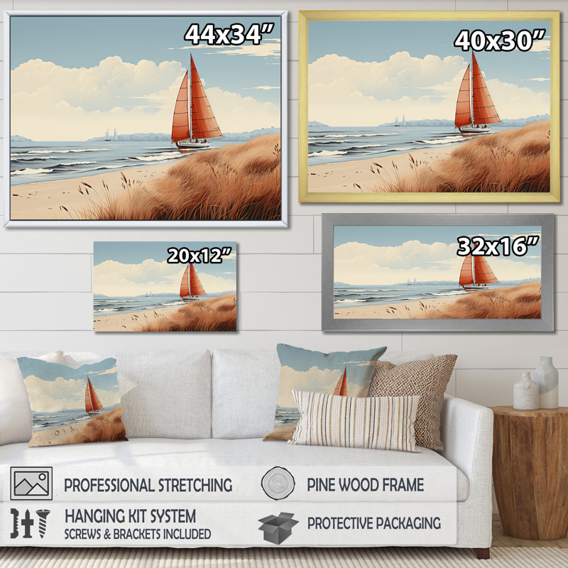 Altouise " Red Sailboat At The Shore Vintage Illustration ", Wrapped Canvas, 34" H x 44" W