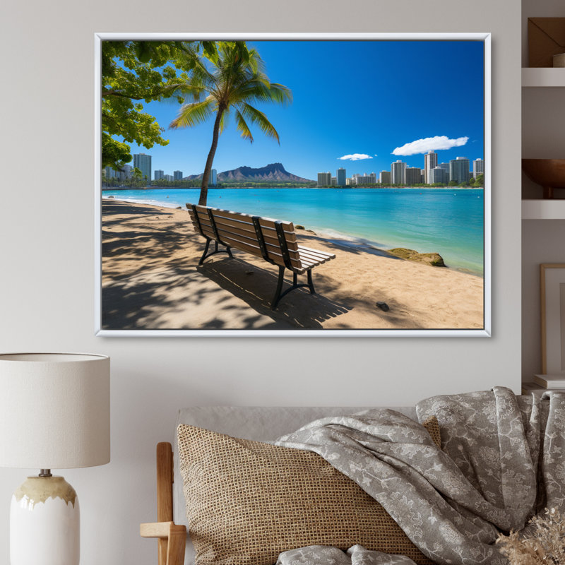 Paysage de plage hawaïenne, H 16 po x l 32 po x P 1 po, Cadre flottant blanc