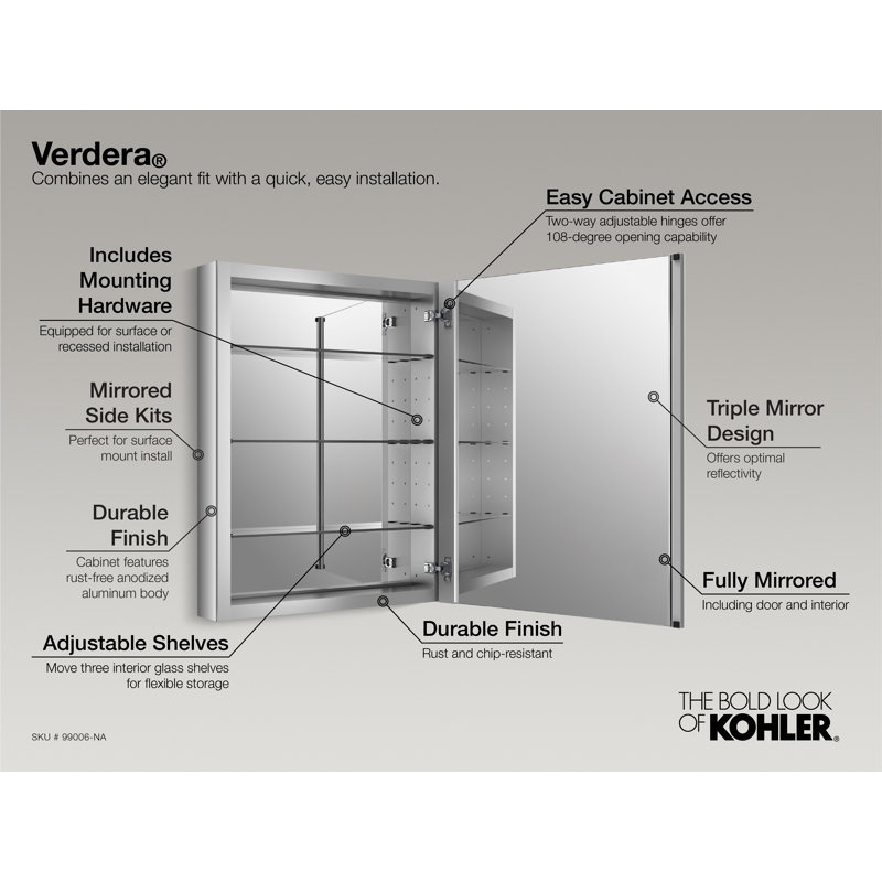 Verdera 20 In. X 40 In. Rectangular Framed Medicine Cabinet, 40" H x 24" W x 4.75" D
