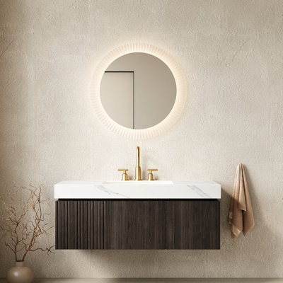 Meuble-lavabo flottant 48 po avec comptoir en pierre frittée blanche, lavabo en céramique avec 3 trous de robinet pré-percés, tiroir et portes d'armoire de rangement en contreplaqué, atmosphère luxueuse assemblée