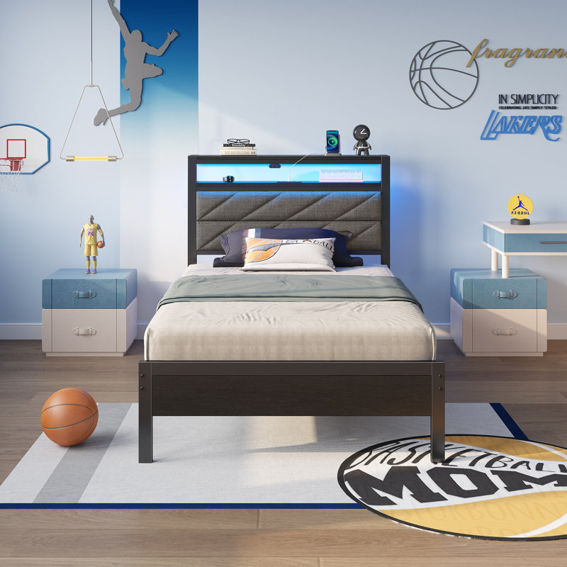 Bed Frame with Storage Headboard, Metal Platform Bed Frame with RGB Lights & Outlets, Twin/Single