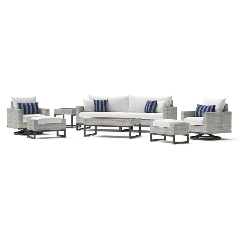 8 Piece Motion Deep Seating Patio Conversation Set, Gray, Centered Ink Stripe Sunbrella®