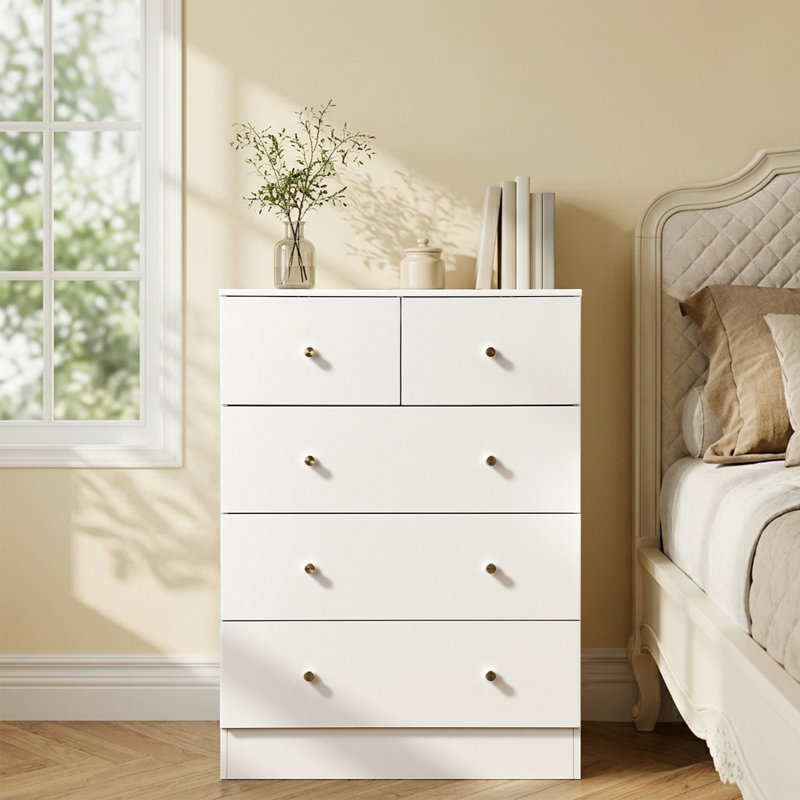  5-Drawer Dresser For Bedroom And Chest Of Drawers With Sturdy Construction Wood Storage Organizer For Closet, White