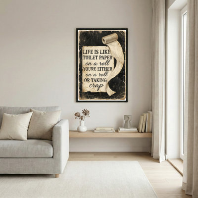 Life Is Like Toilet Paper On A Roll Canvas Wrapped Wall Art With Vintage Scroll Design And Humorous Quote For Bathroom Or Home Decor