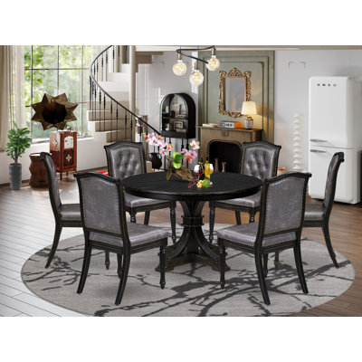 ACF6BC2BF1E44456B7B2CF14106E0D33 - 7-Pc Round Table and 6 Polyester Chair with Button Tufted Back, Sand Blasting Black
