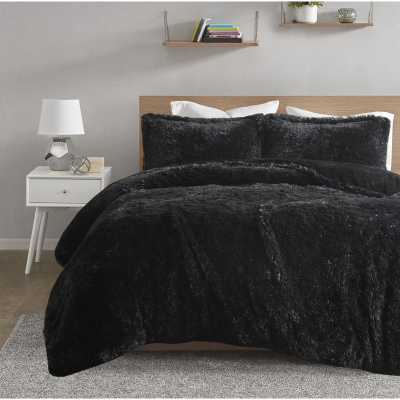 Malea Black Shaggy Faux Fur Ultra-Soft 3-Piece King Duvet Cover Set, King Duvet Cover + 2 King Shams, Black