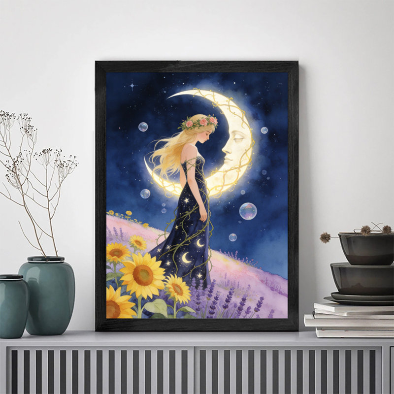 Reproduction encadrée noire, déesse de la lune, art mural Myths and Legends, H 25 po x l 17 po