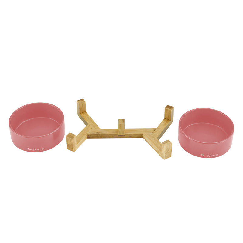 Pink Ceramic Dual Pet Bowl with Wooden Stand