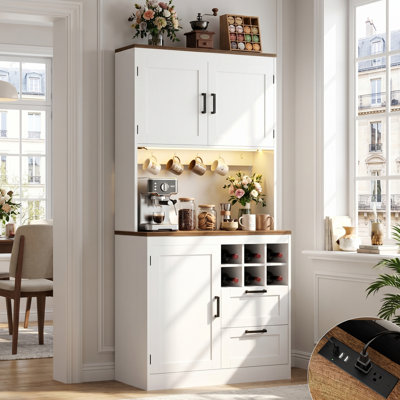  72" Tall Bar Cabinet with Hutch, Drawers, Outlet And LED Light