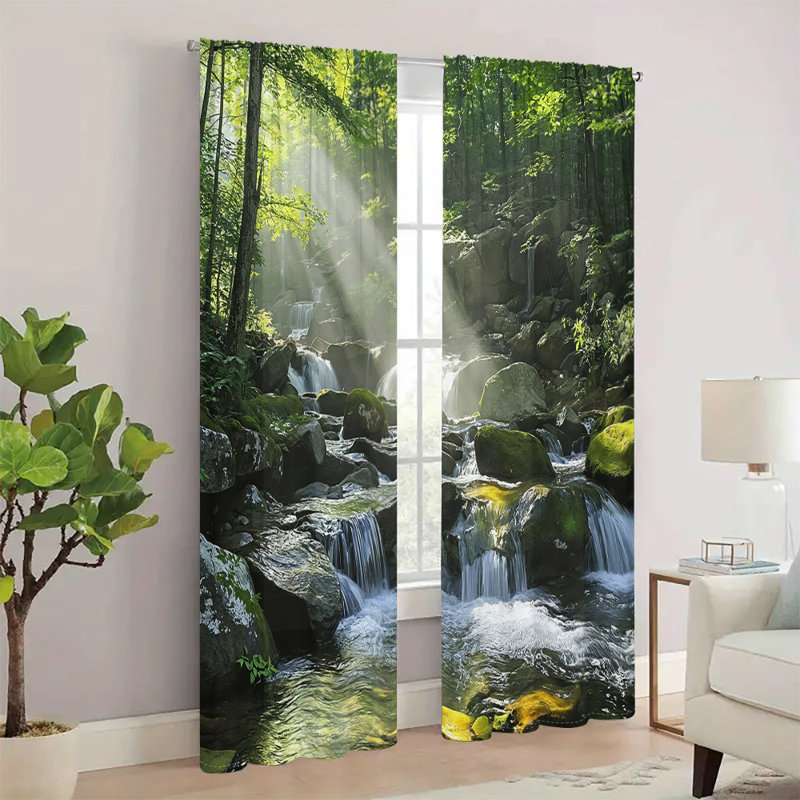 2Pcs Waterfall Forest Stream Nature Landscape Print Curtains Sunshine Ray Green Trees Water Scenery Window Drapes Rod Pocket Living Room Bedroom Kitchen Home Decor