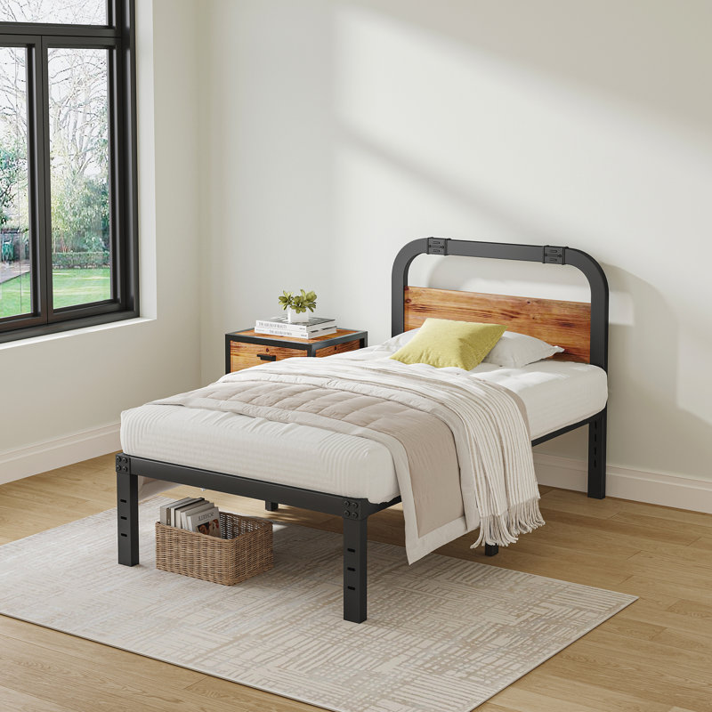 Amylia Black Metal Platform Bed with 40-Inch Solid Wood Headboard, Underbed Storage, Noise-Free Support, No Box Spring Needed