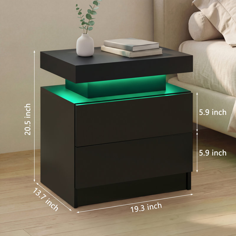 LED Nightstand with Drawers, Black