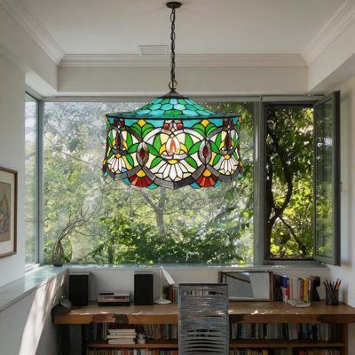 Grand luminaire suspendu en verre coloré à 3 lumières de style Victoria