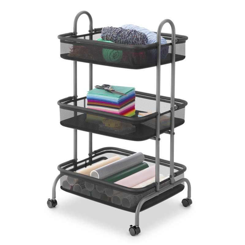 Whitmor Gunmetal Gray Metal Mesh 3-Tier Rolling Cart with Wheels