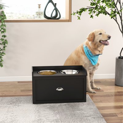 Poste d'alimentation surélevé pour chien avec rangement. Noir pour les gros chiens. Les bols en acier inoxydable nettoient les aliments. Grand support spacieux noir. 2 bols. Prend en charge le régime pour animaux de compagnie.