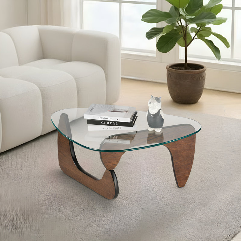 Conception moderne en forme de triangle avec base en bois massif et plateau en verre transparent - brun noyer, Noyer brun