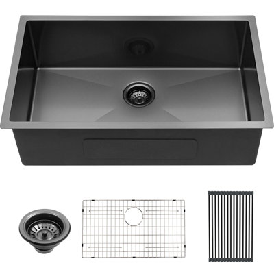 28 Inch Undermount Kitchen Sink 10 Deep Gunmetal Black 16 Gauge Stainless, Hand - Crafted, Soundproof, Condensation, Bottom Rinse And Drain Assembly Stainless Steel, Made, Foldable Rack