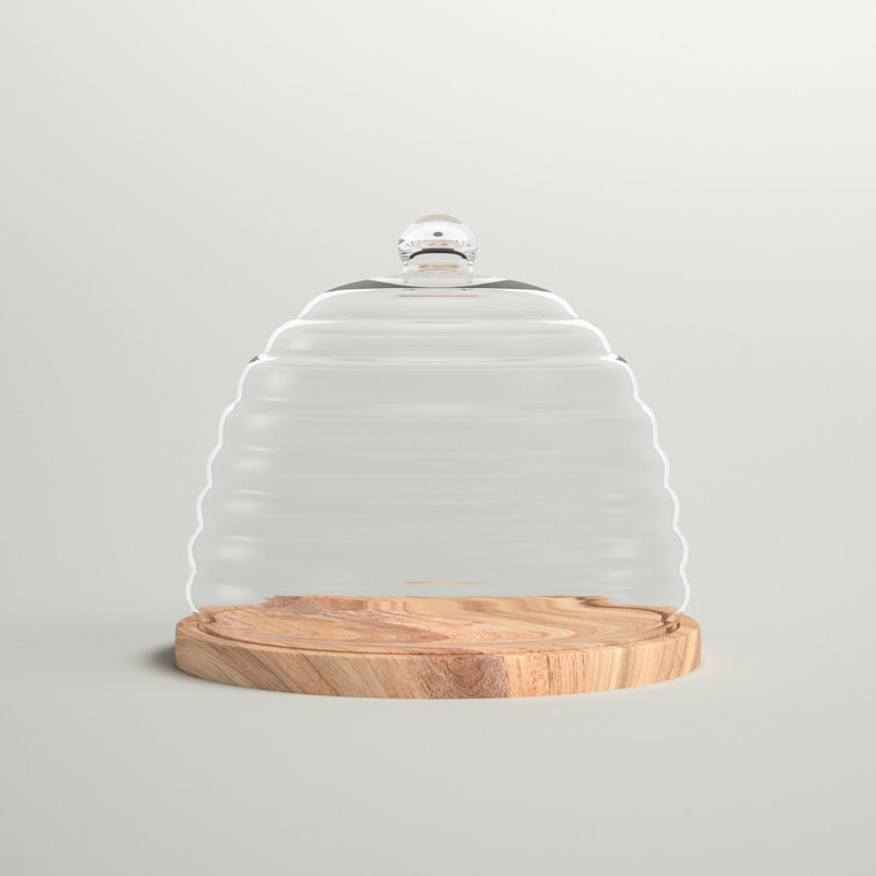Linehan Mango Wood & Glass Rnd.Hive Food Dome/Plate - Clear & Natural