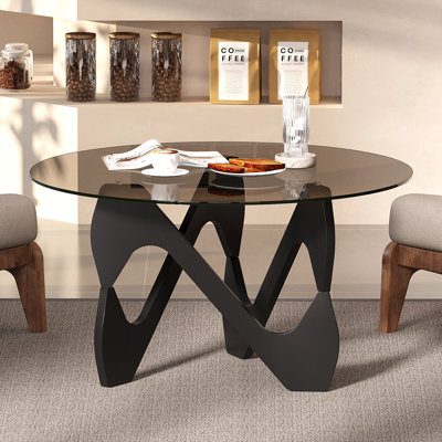 Mid-Century Coffee Table with Solid Wood Legs, Tempered Smoke Glass Top Circular Lounge Table