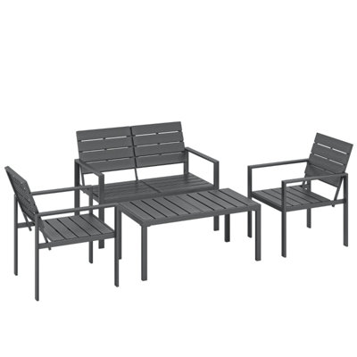 4 Piece Garden Furniture Set, Outdoor Sofa Set with HDPE Slatted Loveseat Armchairs Coffee Table Metal Frame, Dark Grey