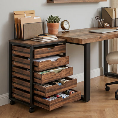 Commode à 5 tiroirs, armoire de rangement en bois avec roulettes, chariot de rangement de tiroir de rangement industriel pour hall d'entrée de chambre à coucher de bureau