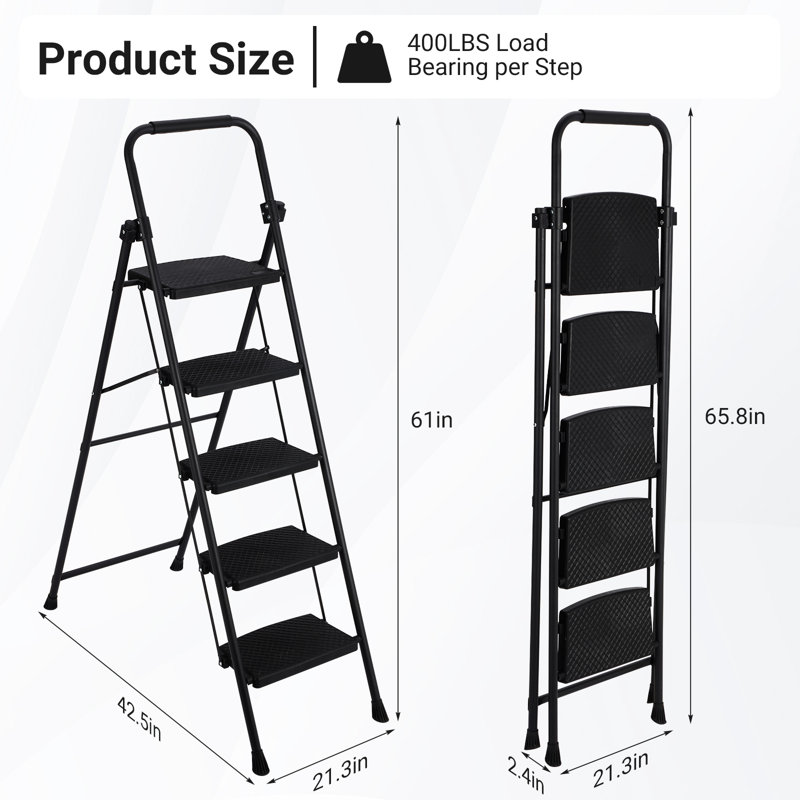Échelle à 5 marches, escabeau pliant en acier, échelle portative avec pédales larges antidérapantes, conception durable à verrouillage sécuritaire pour une utilisation polyvalente - noir