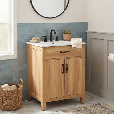 Meuble-lavabo moderne en bois 24/30 po avec lavabo, armoire en bois massif avec tiroir rabattable, 2 portes et rangement multizone
