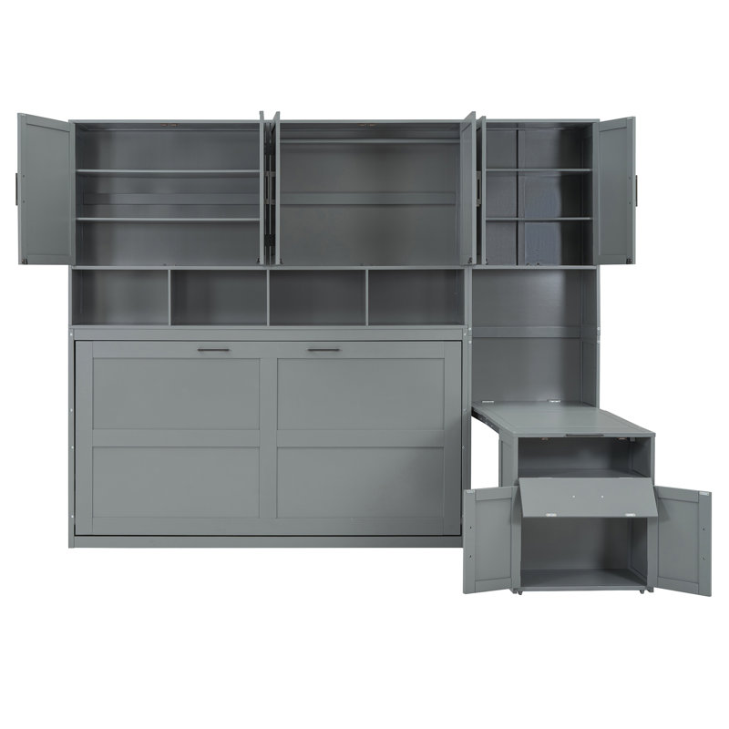 Lit escamotable simple simple avec placard, tiroirs et bureau - gris