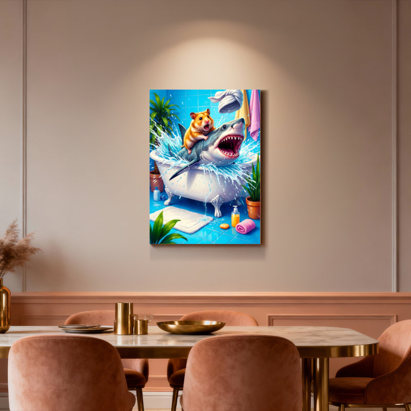 Hamster chevauchant un requin dans une baignoire - Tableau sur toile (lot de 1), H 18 po x l 12 po