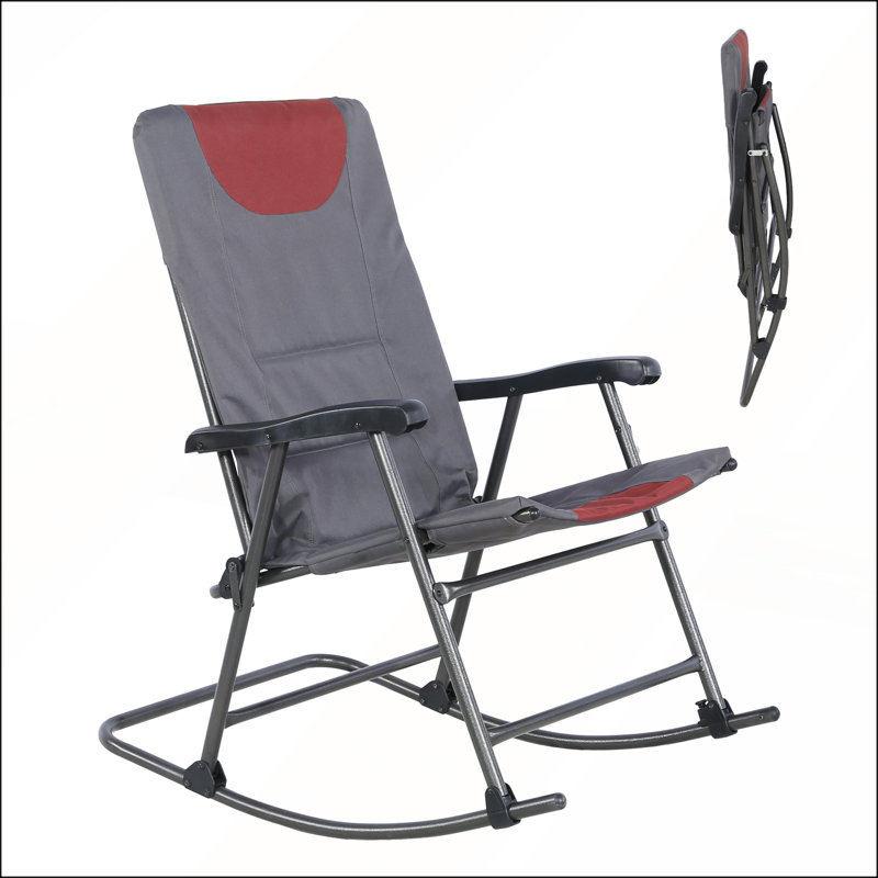 Très grande chaise de camping à bascule pliante avec accoudoirs rigides et sac de transport pour le repos extérieur, Gray/Red