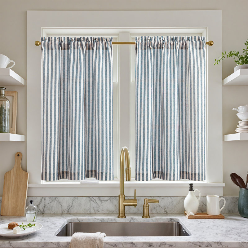 Rideaux en lin filtrant la lumière avec passe-tringle, L 26 po x L 36 po, Bleu / Beige